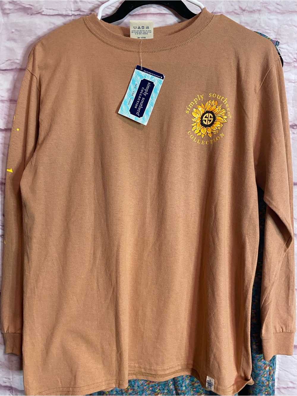Simply Southern Tan Long Sleeve Shirt with Yellow Sunflower Chest Logo